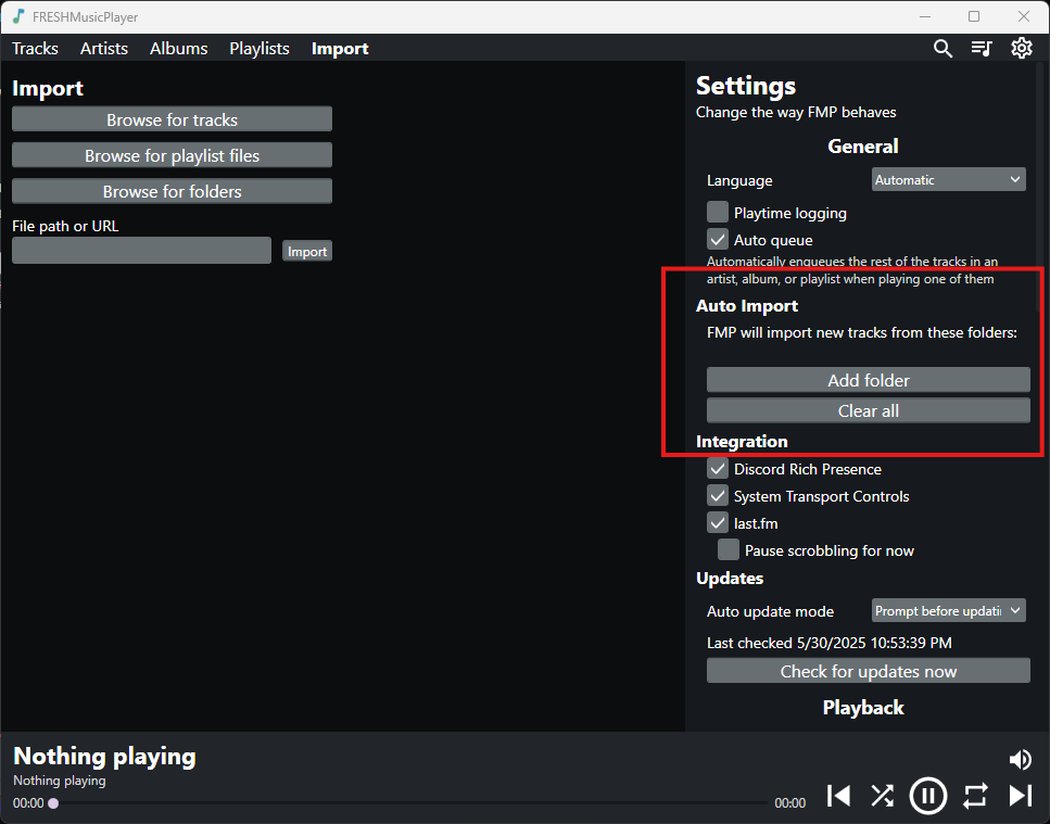 A screenshot of FRESHMusicPlayer highlighting Auto Import in settings