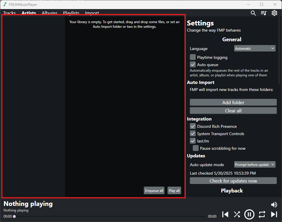 A screenshot of FRESHMusicPlayer highlighting the library area
